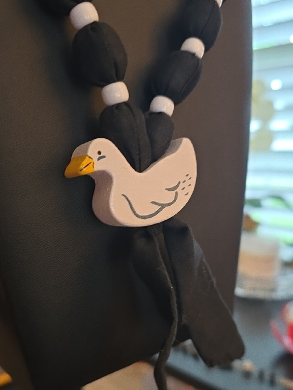 Black Fabric Bead Necklace with White Duck Pendant - Picture 2 of 4